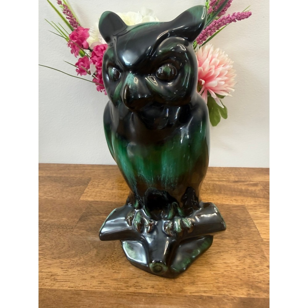 Vintage Blue Mountain Pottery Owl Green Black Drip Glaze Large Ceramic Figurine
